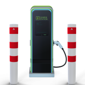 Impact protection bollards | as e-charging post protection |  152 mm | hot-dip galvanized and white powder-coated with 3 red reflective strips foil type RA1/A | for casting in concrete